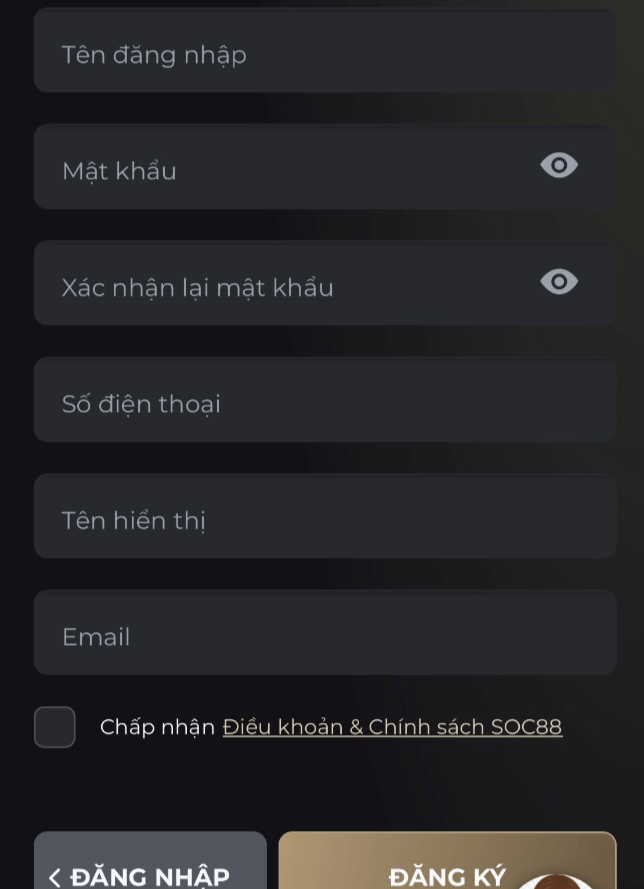 Truy cập vào SOC88 bằng link chính thức -> Khai báo thông tin đăng ký SOC88