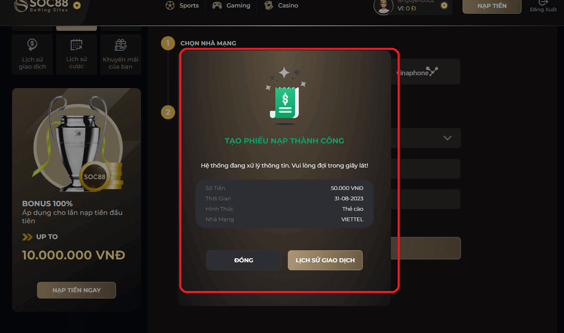 Chuyển tiền vào tài khoản