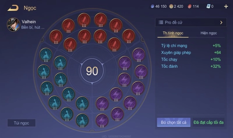 Bảng ngọc chi tiết khi dùng tướng Valhein